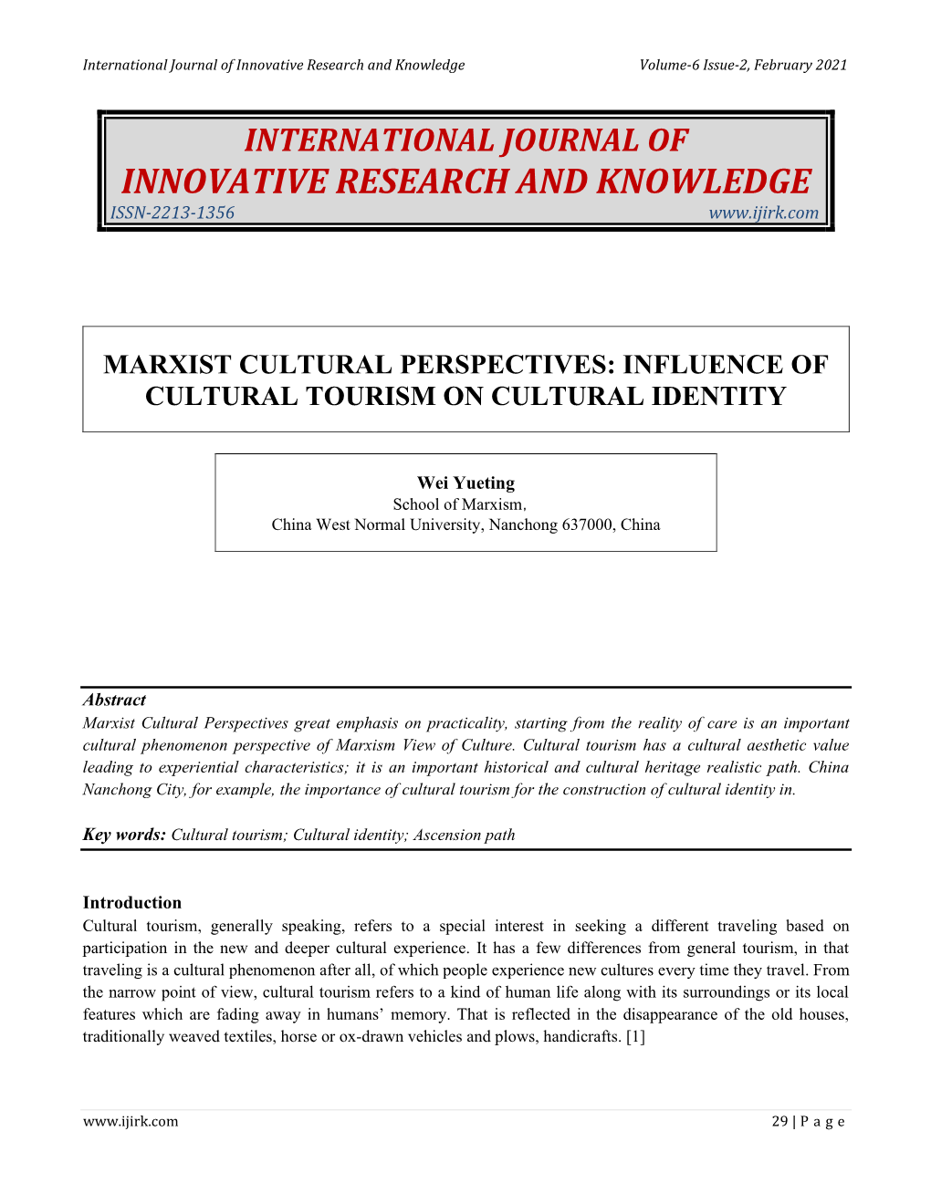 Marxist Cultural Perspectives: Influence of Cultural Tourism on Cultural Identity