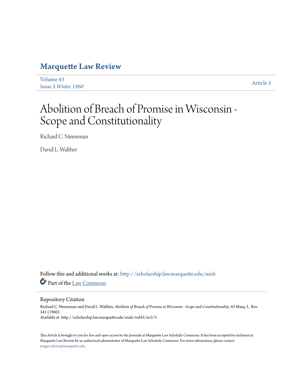 Abolition of Breach of Promise in Wisconsin - Scope and Constitutionality Richard C