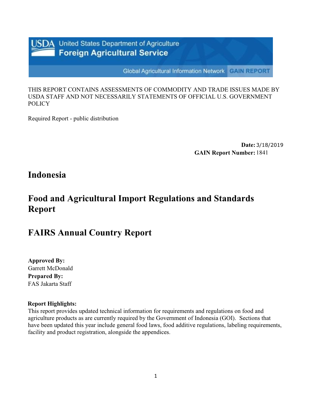 Indonesia Food and Agricultural Import Regulations and Standards