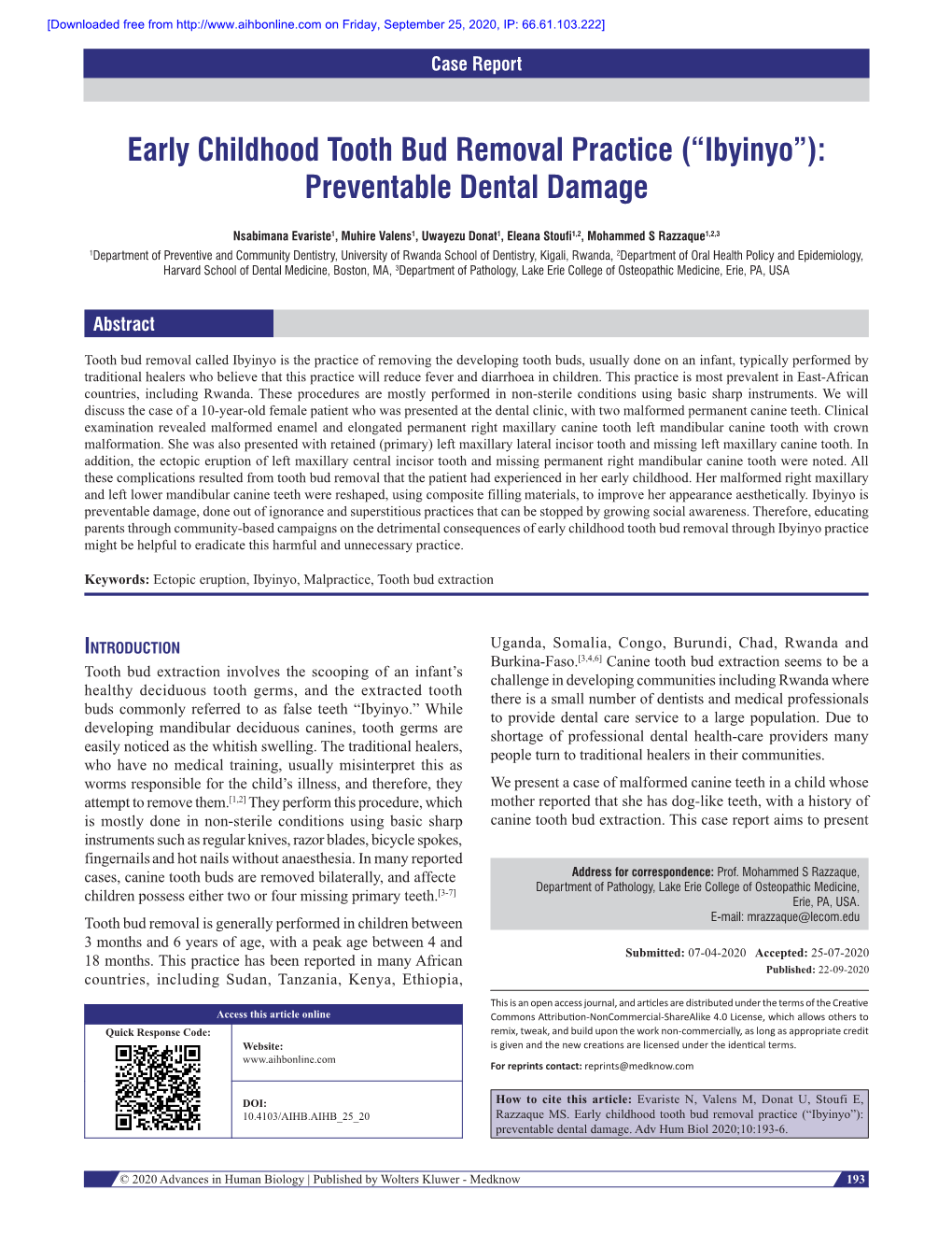 Early Childhood Tooth Bud Removal Practice (“Ibyinyo”): Preventable Dental Damage