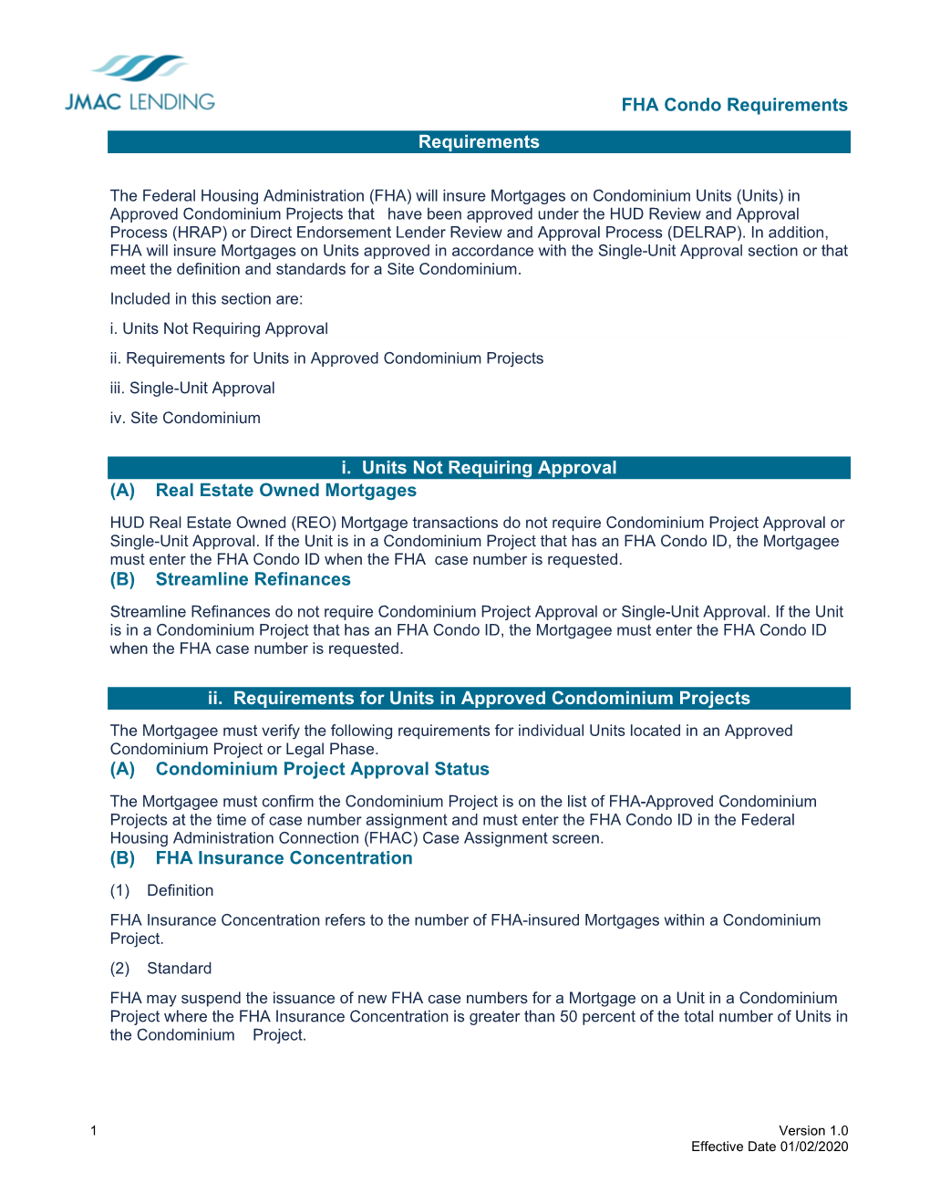 FHA Condo Requirements Requirements I. Units Not Requiring Approval (A) Real Estate Owned Mortgages (B) Streamline Refina