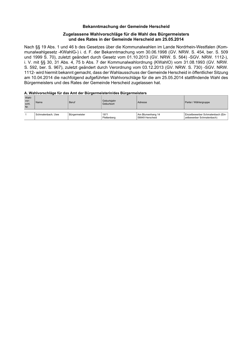 Zugelassene Wahlvorschläge Für Die Wahl Des Bürgermeisters Und Des Rates in Der Gemeinde Herscheid Am 25.05.2014 Nach §§ 19 Abs