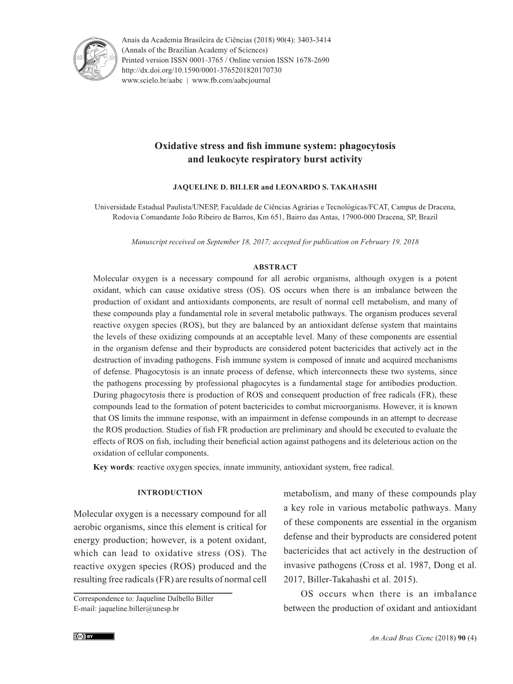 Oxidative Stress and Fish Immune System: Phagocytosis and Leukocyte Respiratory Burst Activity