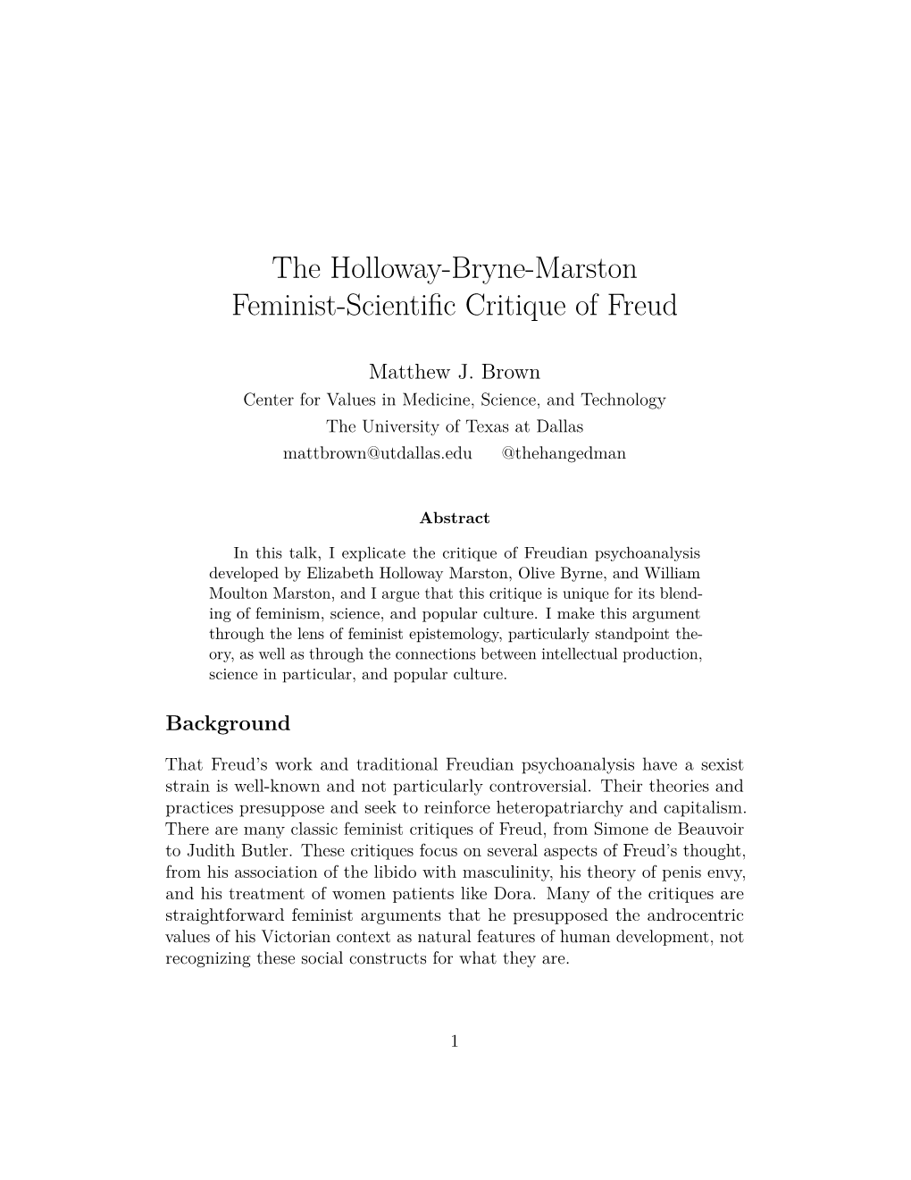 The Holloway-Bryne-Marston Feminist-Scientific Critique of Freud