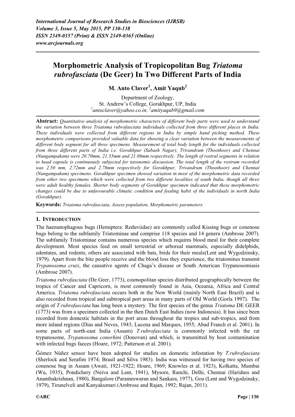 Morphometric Analysis of Tropicopolitan Bug Triatoma Rubrofasciata (De Geer) in Two Different Parts of India