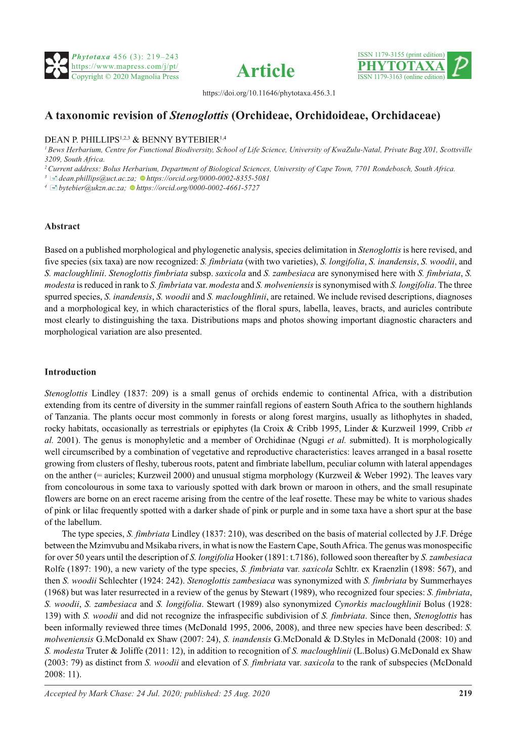 A Taxonomic Revision of Stenoglottis (Orchideae, Orchidoideae, Orchidaceae)