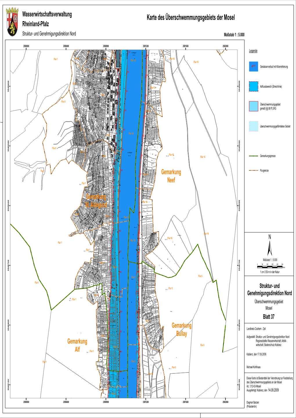 Karte Des Überschwemmungsgebiets Der Mosel Rheinland-Pfalz Struktur- Und Genehmigungsdirektion Nord Maßstab 1 : 5.000