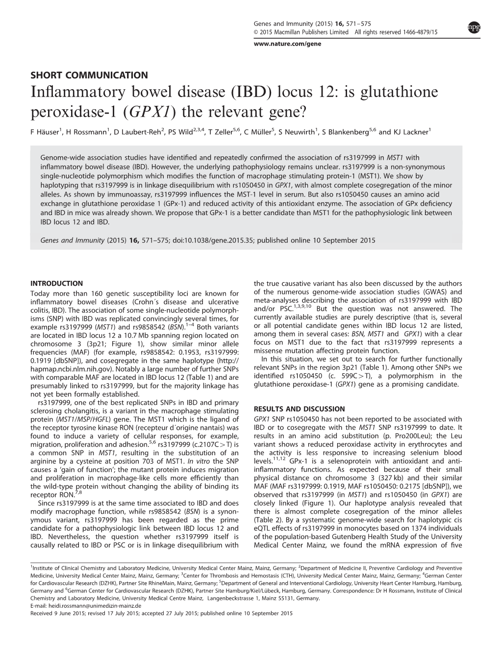 Is Glutathione Peroxidase-1 (GPX1) the Relevant Gene?