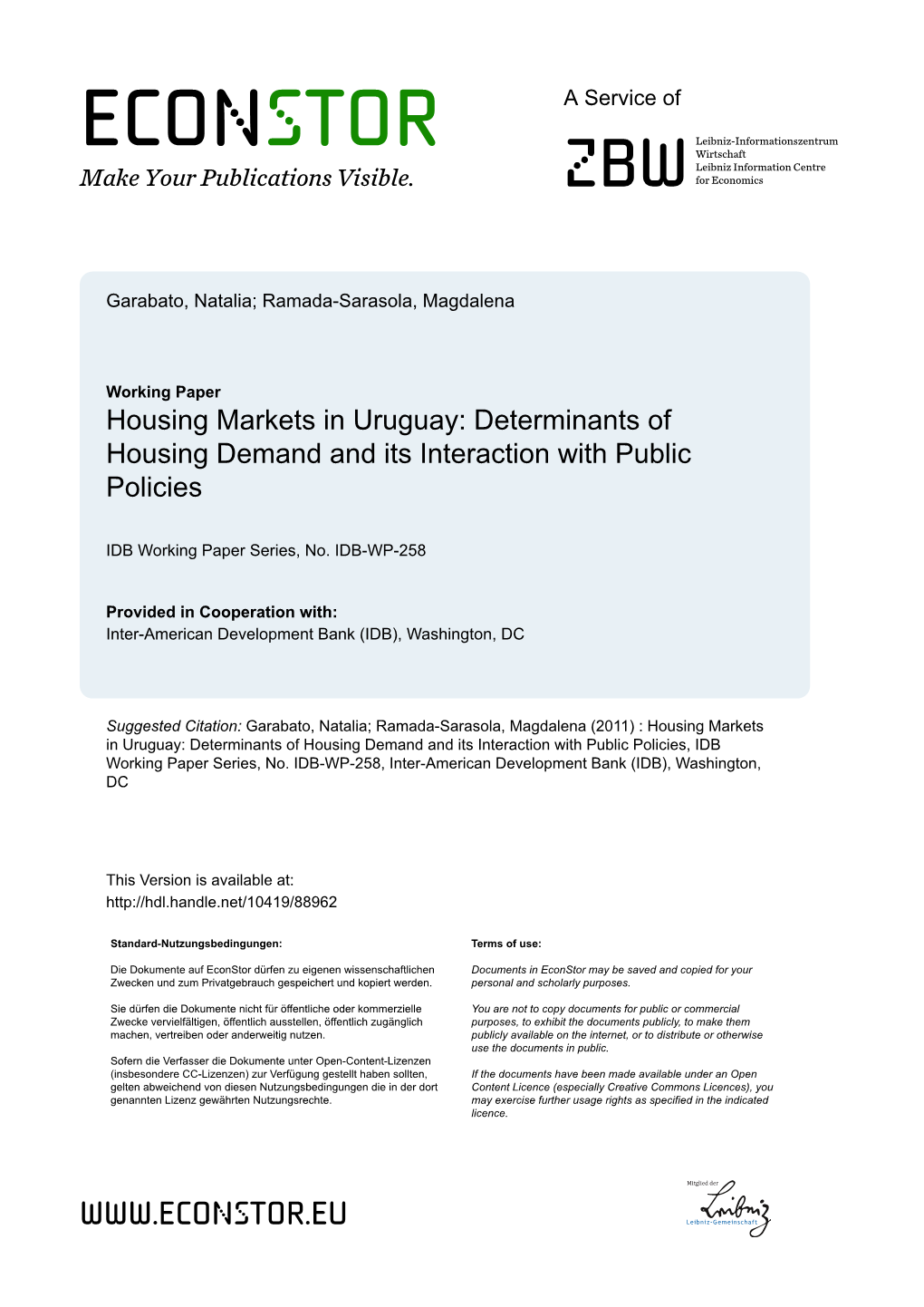 Housing Markets in Uruguay: Determinants of Housing Demand and Its Interaction with Public Policies