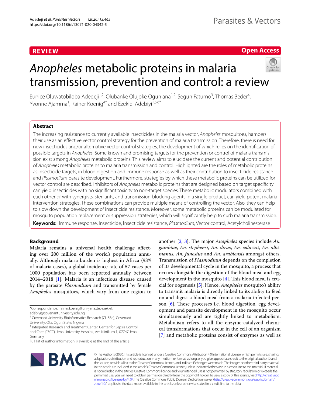 Anopheles Metabolic Proteins in Malaria