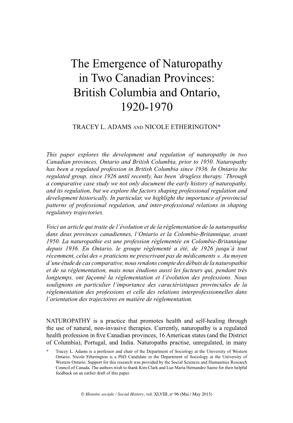 The Emergence of Naturopathy in Two Canadian Provinces: British Columbia and Ontario, 1920-1970