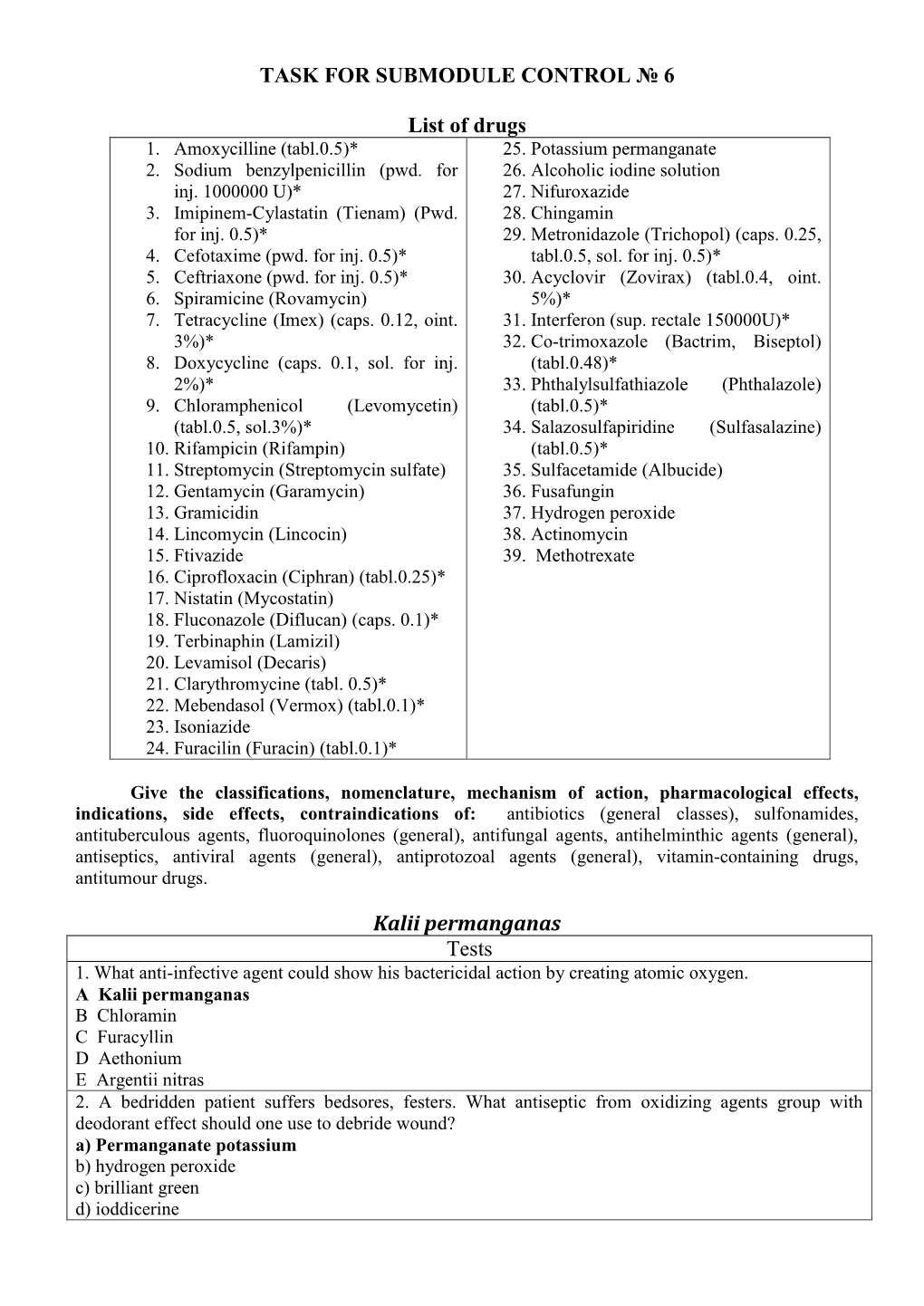 TASK for SUBMODULE CONTROL № 6 List of Drugs