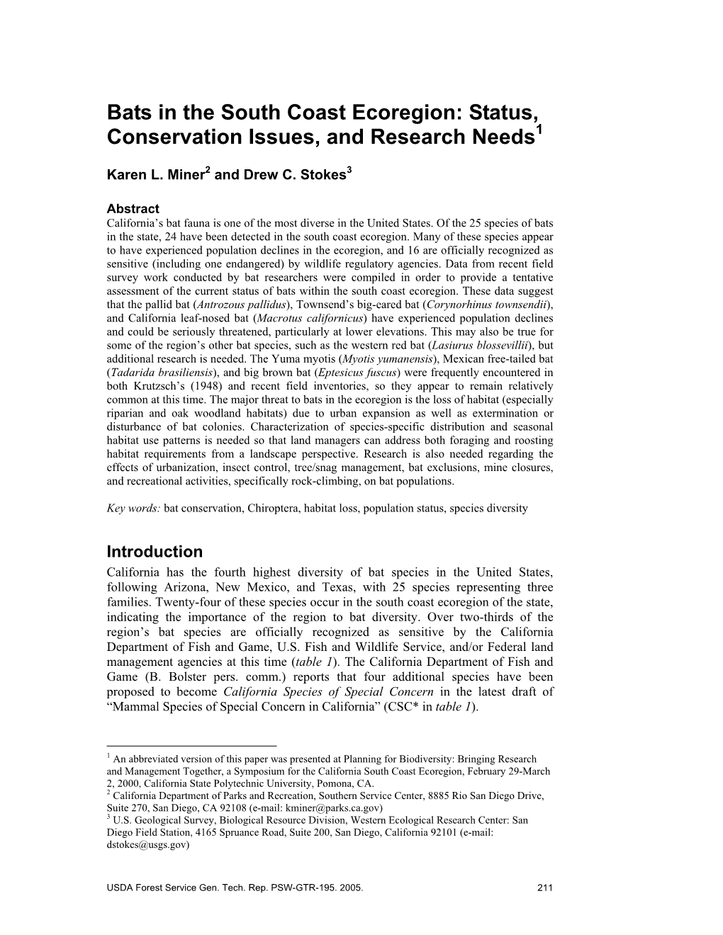 Bats in the South Coast Ecoregion: Status, Conservation Issues, and Research Needs1