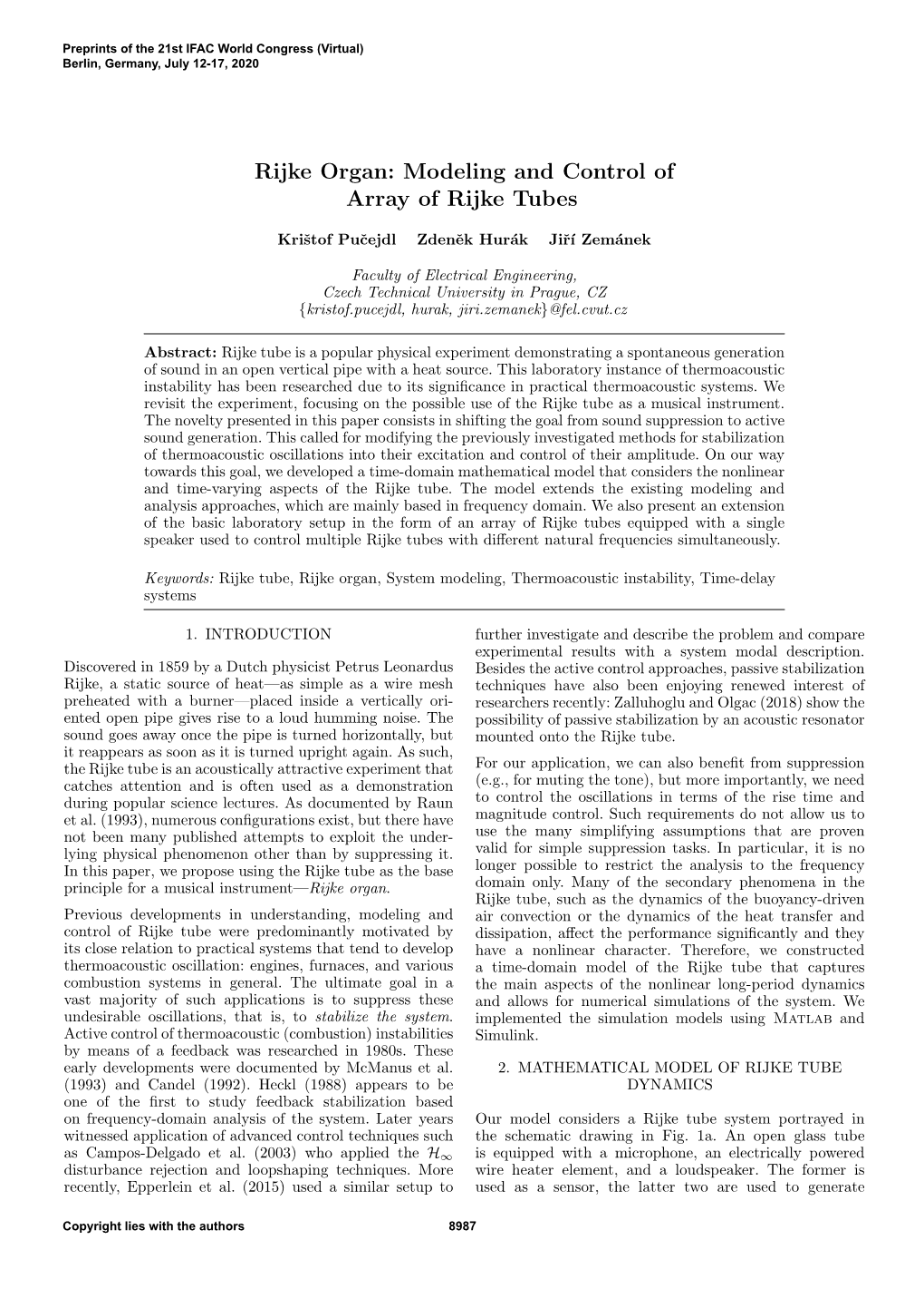 Rijke Organ: Modeling and Control of Array of Rijke Tubes