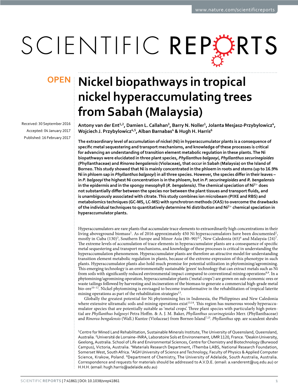 Nickel Biopathways in Tropical Nickel Hyperaccumulating Trees from Sabah (Malaysia) Received: 30 September 2016 Antony Van Der Ent1,2, Damien L