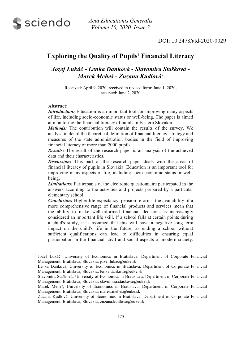 Exploring the Quality of Pupils' Financial Literacy