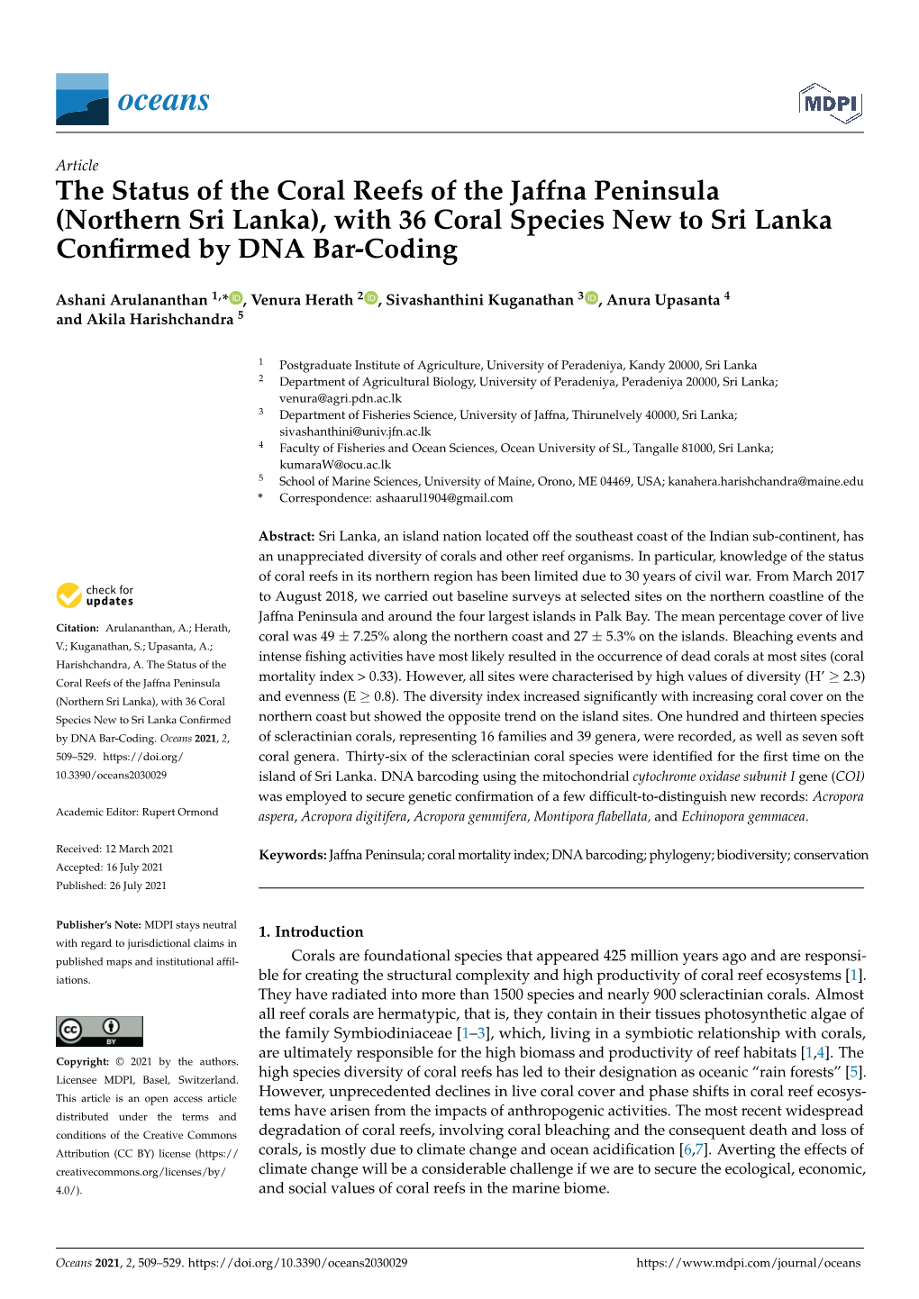The Status of the Coral Reefs of the Jaffna Peninsula (Northern Sri Lanka), with 36 Coral Species New to Sri Lanka Conﬁrmed by DNA Bar-Coding