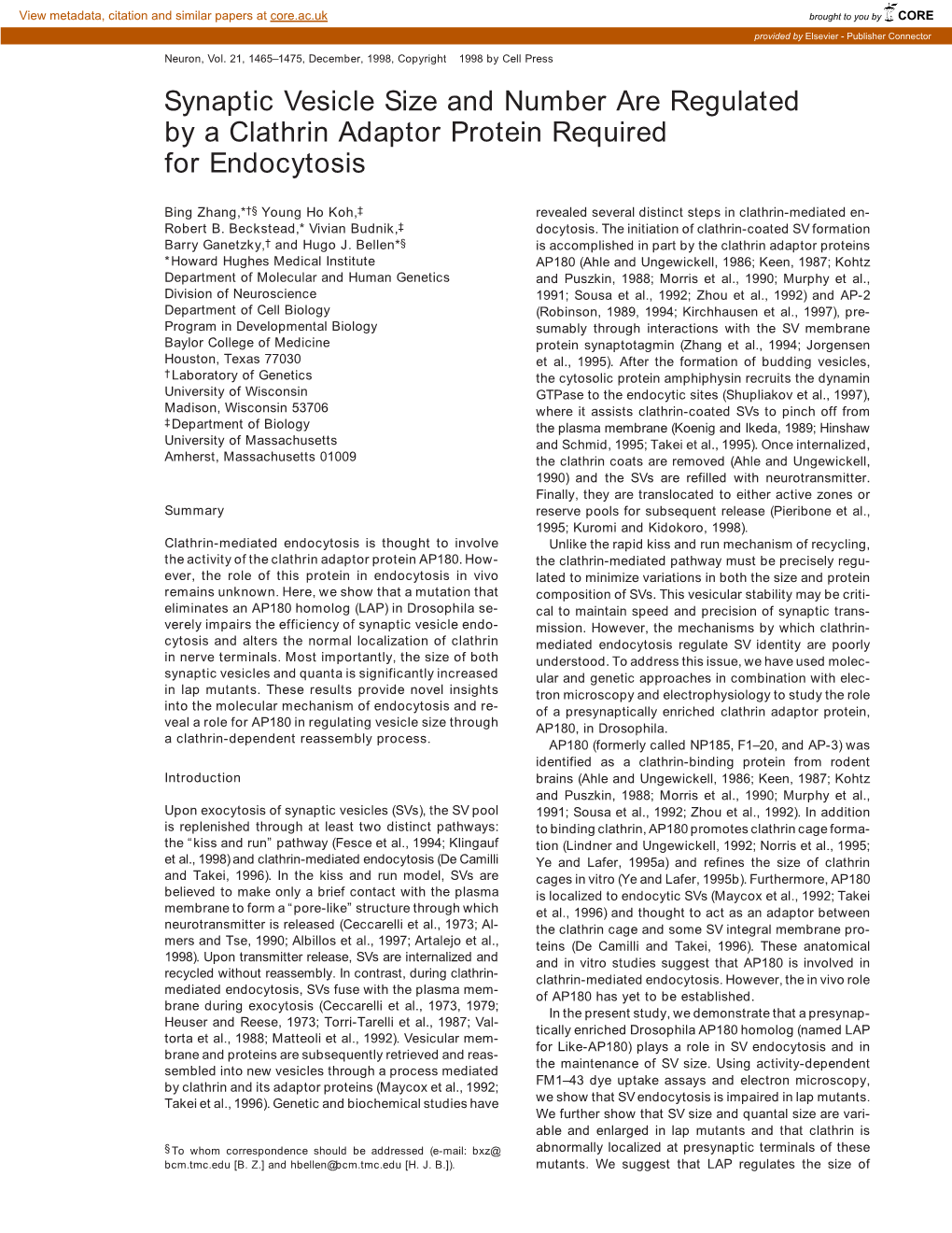 Synaptic Vesicle Size and Number Are Regulated by a Clathrin Adaptor Protein Required for Endocytosis