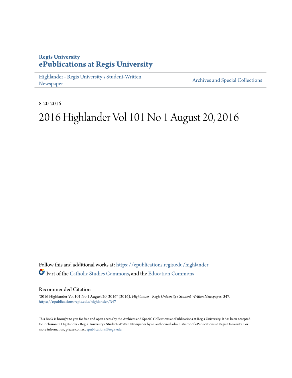 2016 Highlander Vol 101 No 1 August 20, 2016