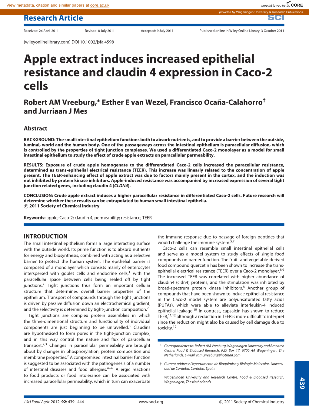 Apple Extract Induces Increased Epithelial Resistance and Claudin 4