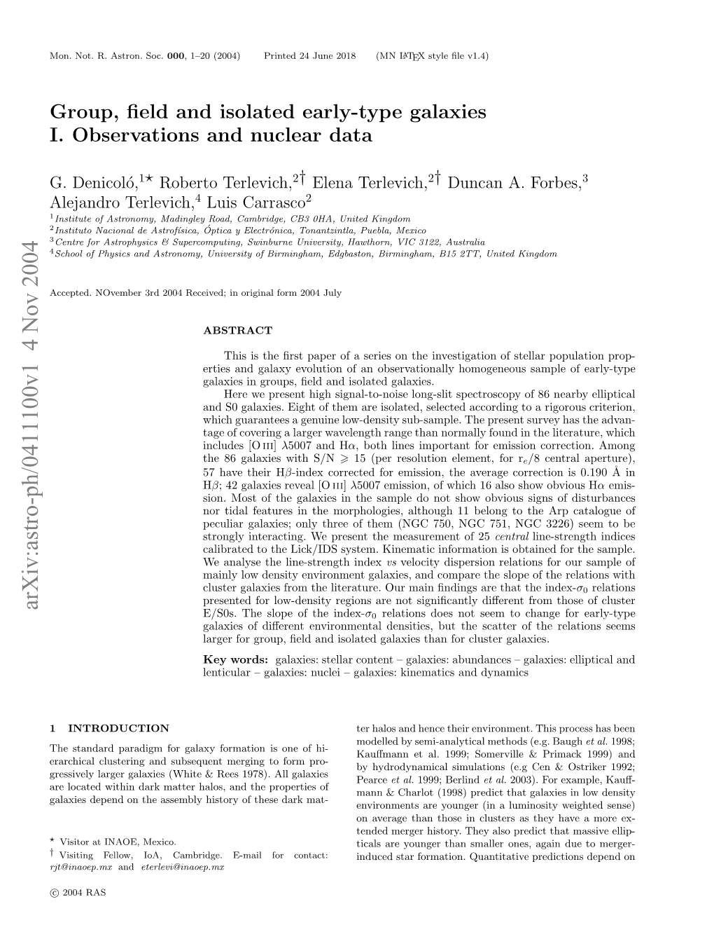 Group, Field and Isolated Early-Type Galaxies I. Observations And