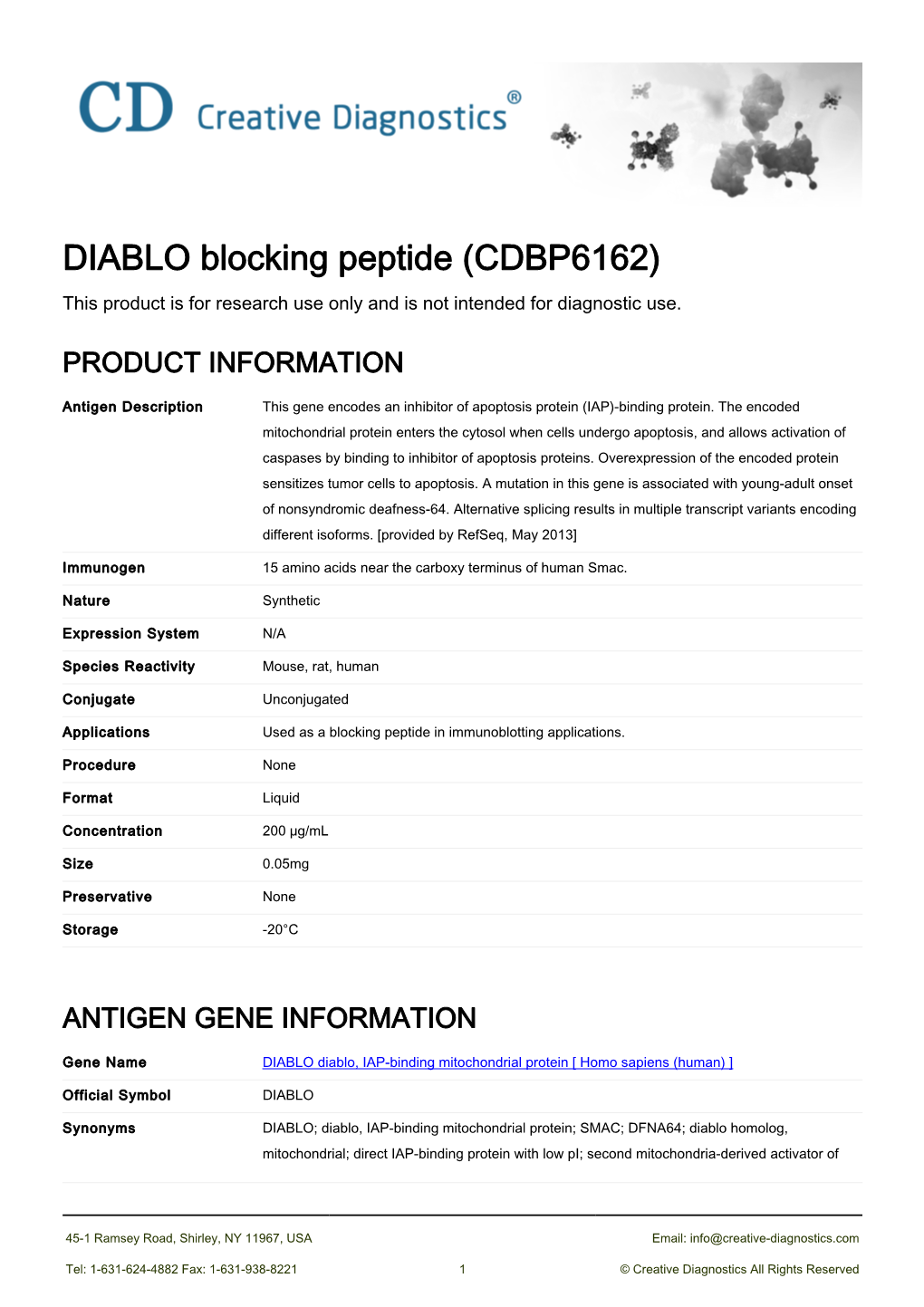 DIABLO Blocking Peptide (CDBP6162) This Product Is for Research Use Only and Is Not Intended for Diagnostic Use