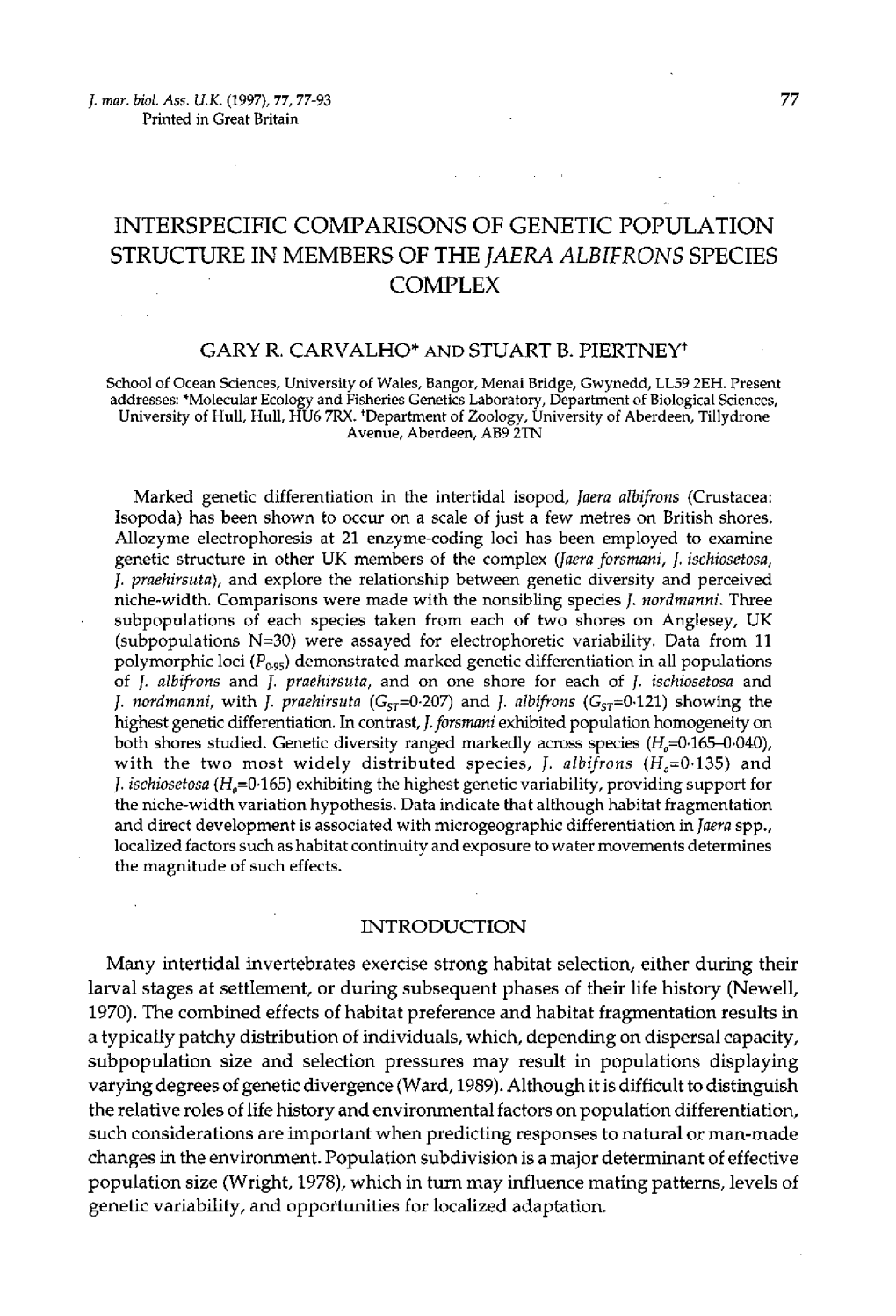 Interspecific Comparisons of Genetic Population Structure in Members of the Jaera Albifrons Species Complex