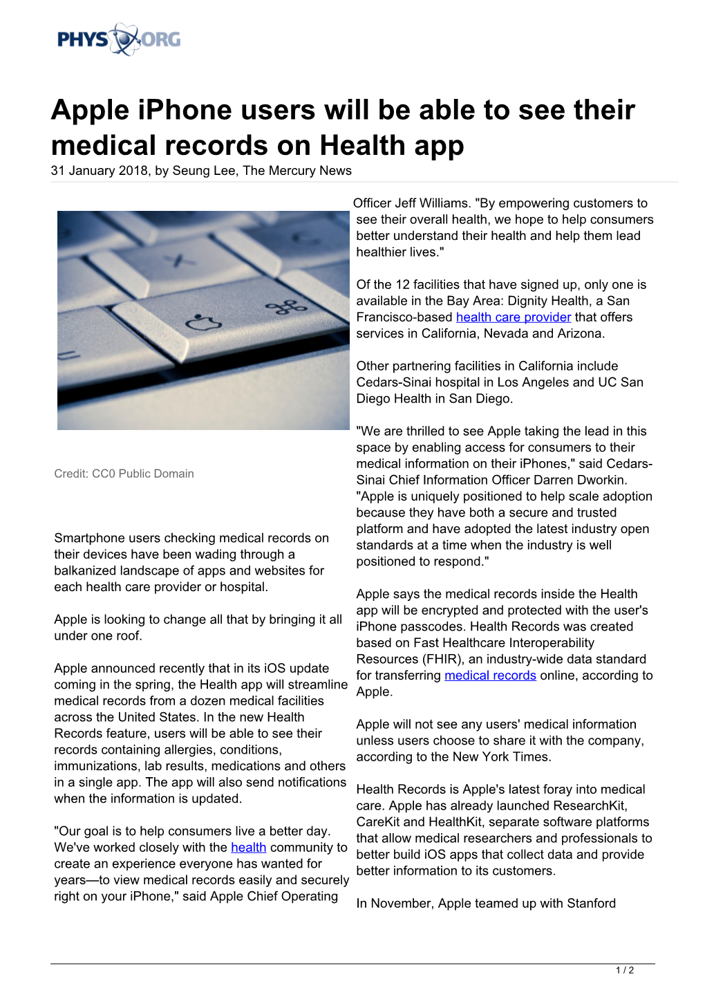 Apple Iphone Users Will Be Able to See Their Medical Records on Health App 31 January 2018, by Seung Lee, the Mercury News