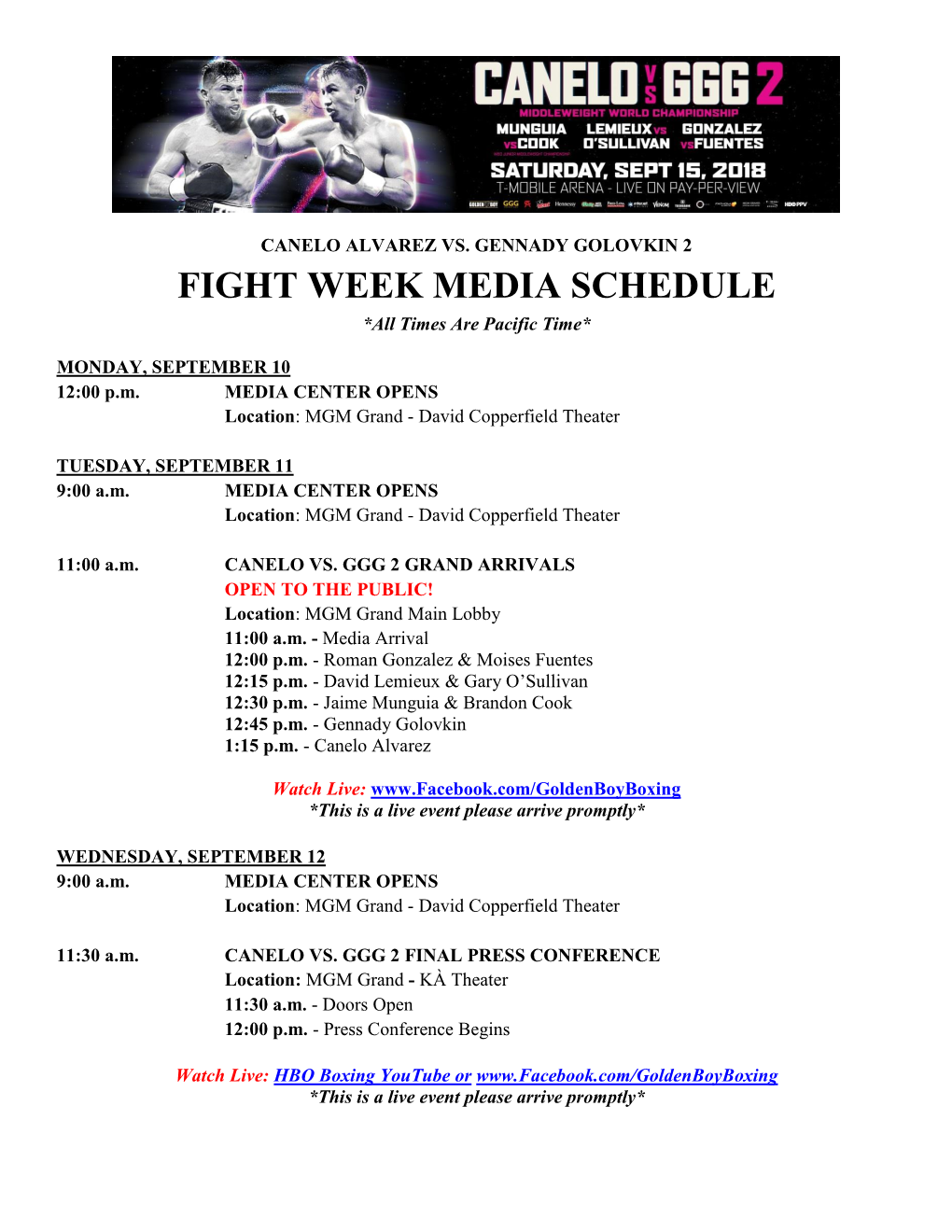 Fight Week Media Schedule