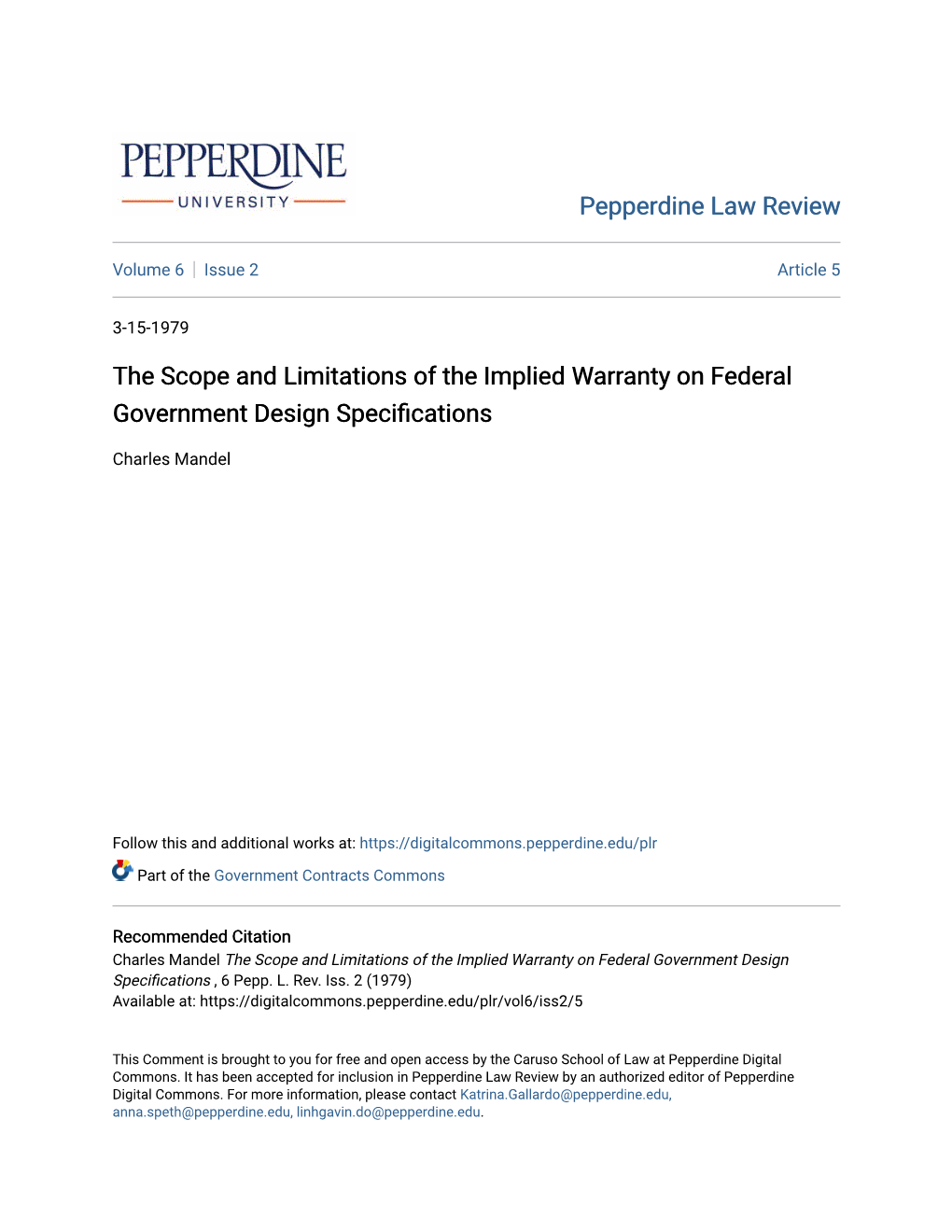 The Scope and Limitations of the Implied Warranty on Federal Government Design Specifications