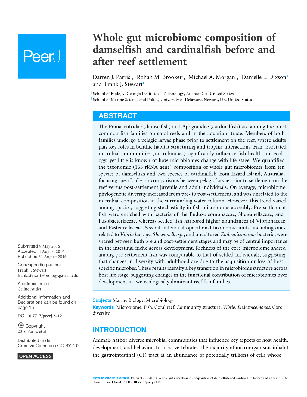 Whole Gut Microbiome Composition of Damselfish and Cardinalfish Before and After Reef Settlement