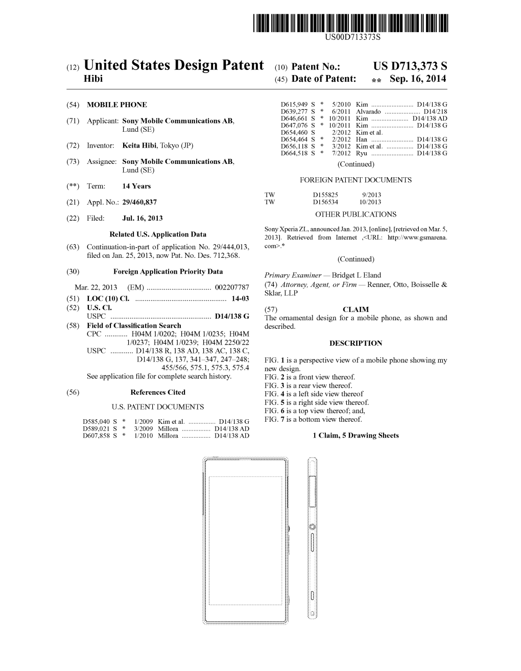 (12) United States Design Patent (10) Patent No.: US D713,373 S Hibi (45) Date of Patent: *9: Sep