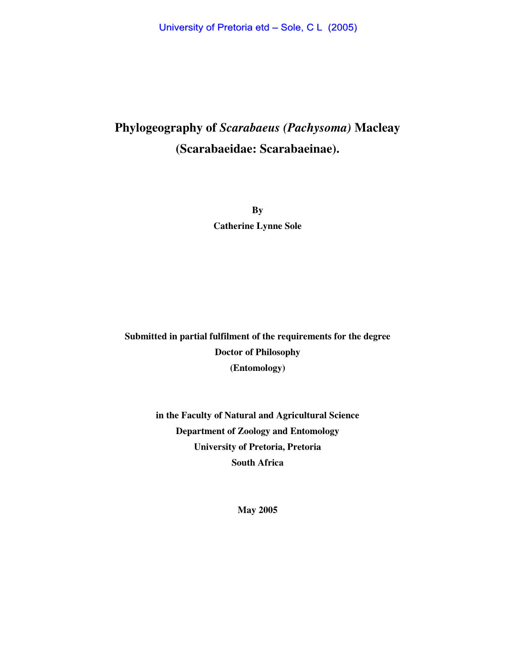 Phylogeography of Scarabaeus (Pachysoma) Macleay (Scarabaeidae: Scarabaeinae)