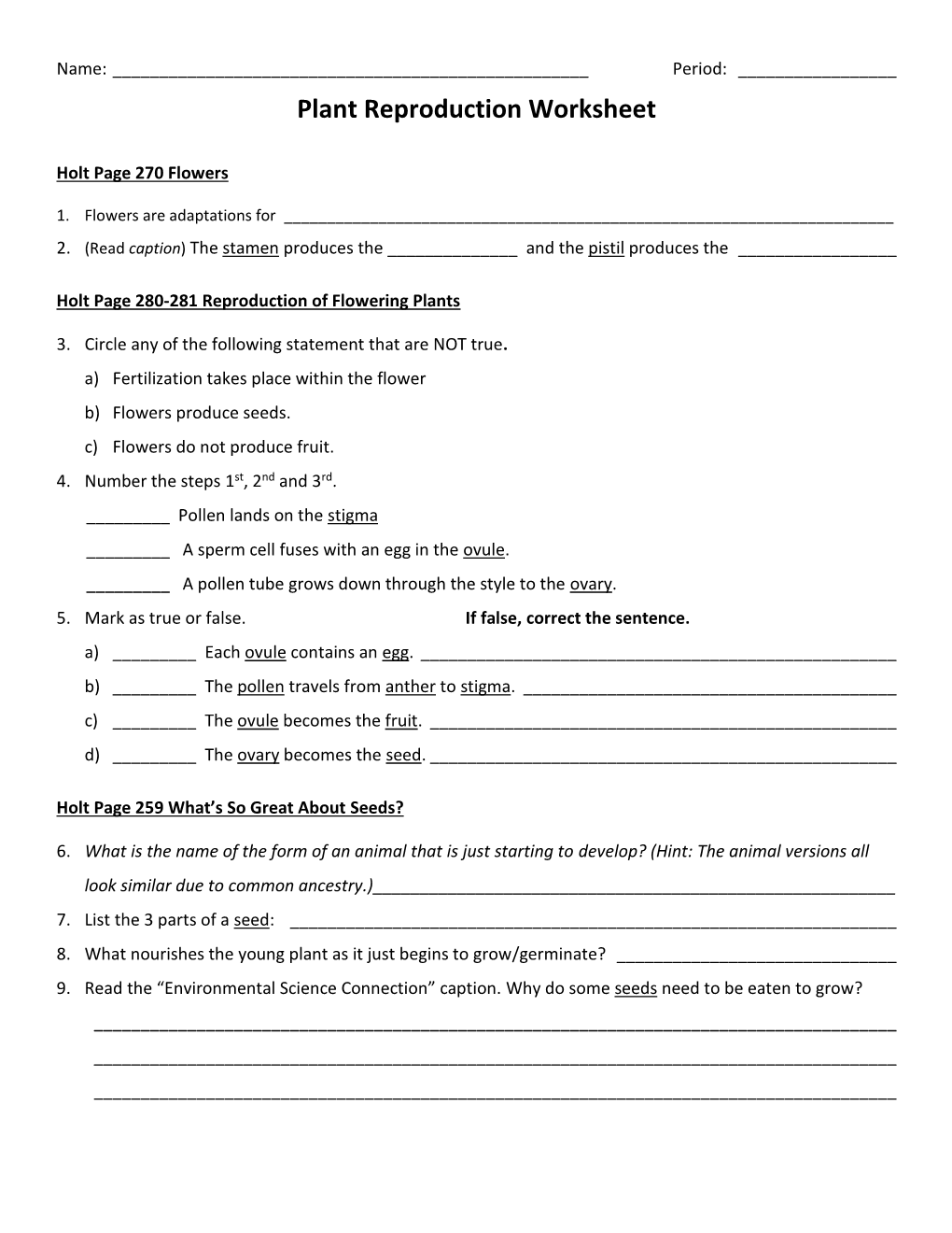 Plant Reproduction Worksheet