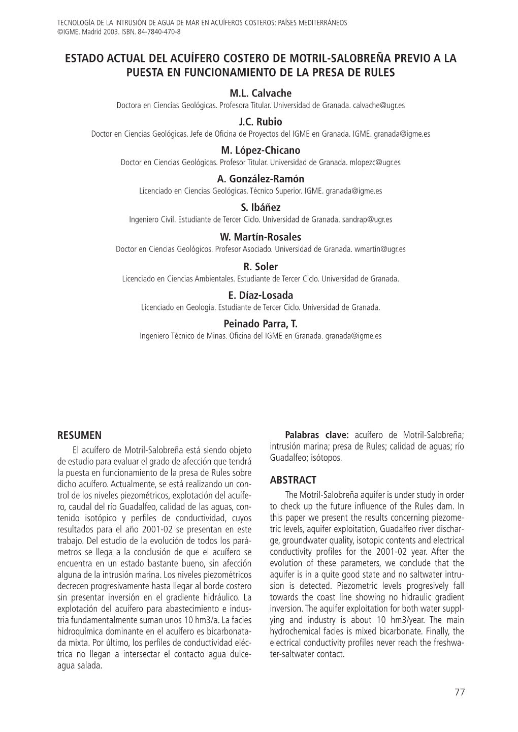 Estado Actual Del Acuífero Costero De Motril-Salobreña Previo a La Puesta En Funcionamiento De La Presa De Rules M.L