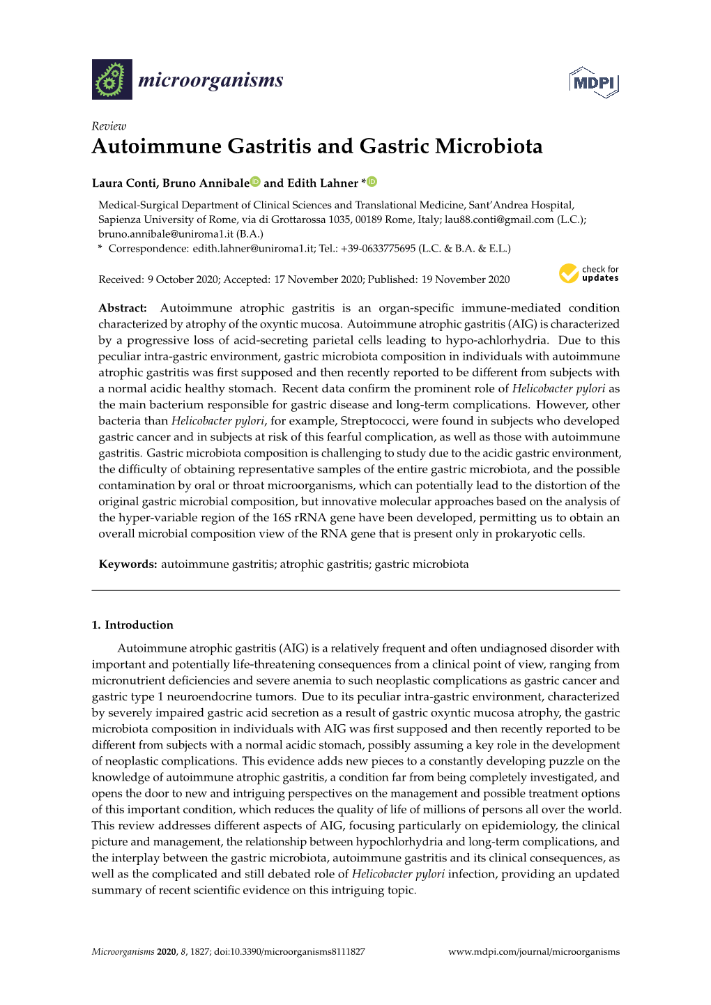 Autoimmune Gastritis and Gastric Microbiota