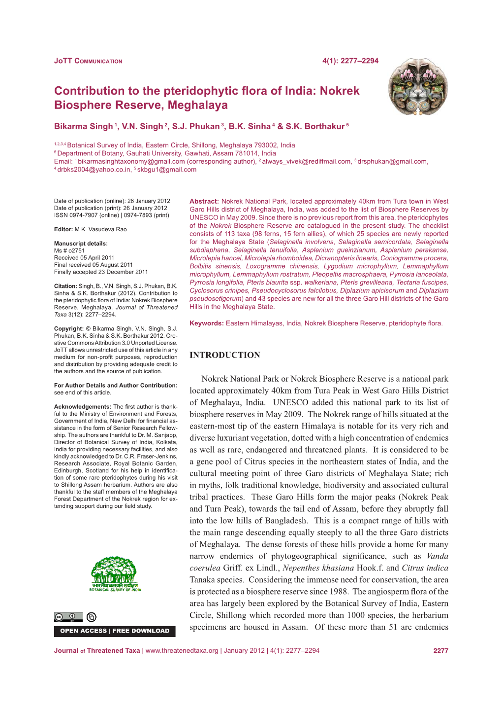 Contribution to the Pteridophytic Flora of India: Nokrek Biosphere Reserve, Meghalaya