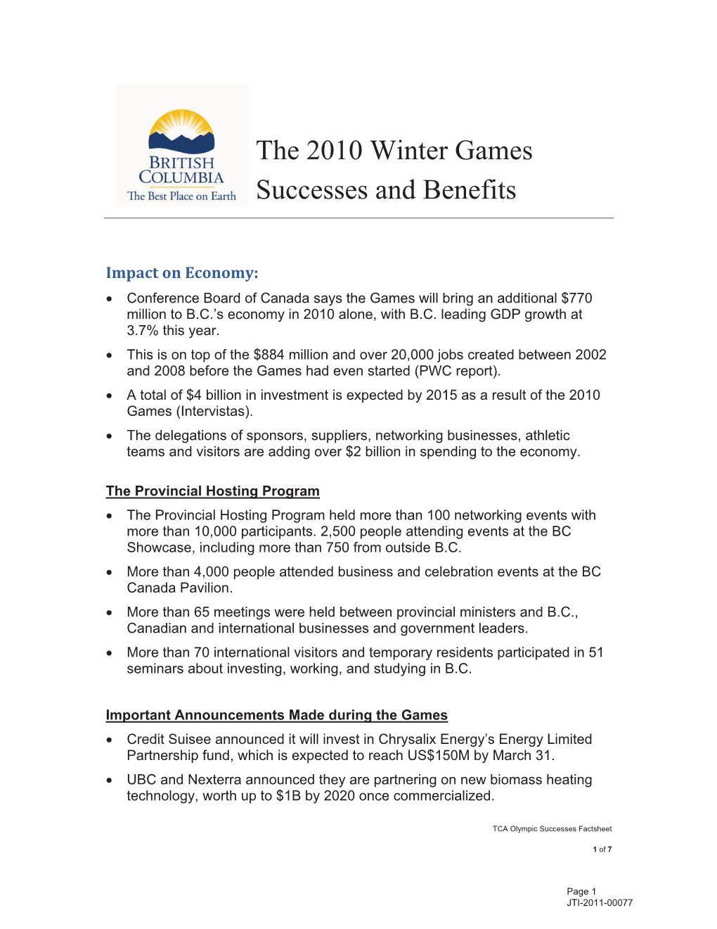 The 2010 Winter Games Successes and Benefits