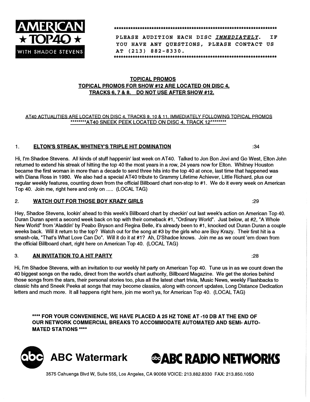 GABC RADIO NETWORKS 3575 Cahuenga Blvd W, Suite 555, Los Angeles, CA 90068 VOICE: 213.882.8330 FAX: 213.850.1050 AMERICAN TOP 40 ACTUALITIES W