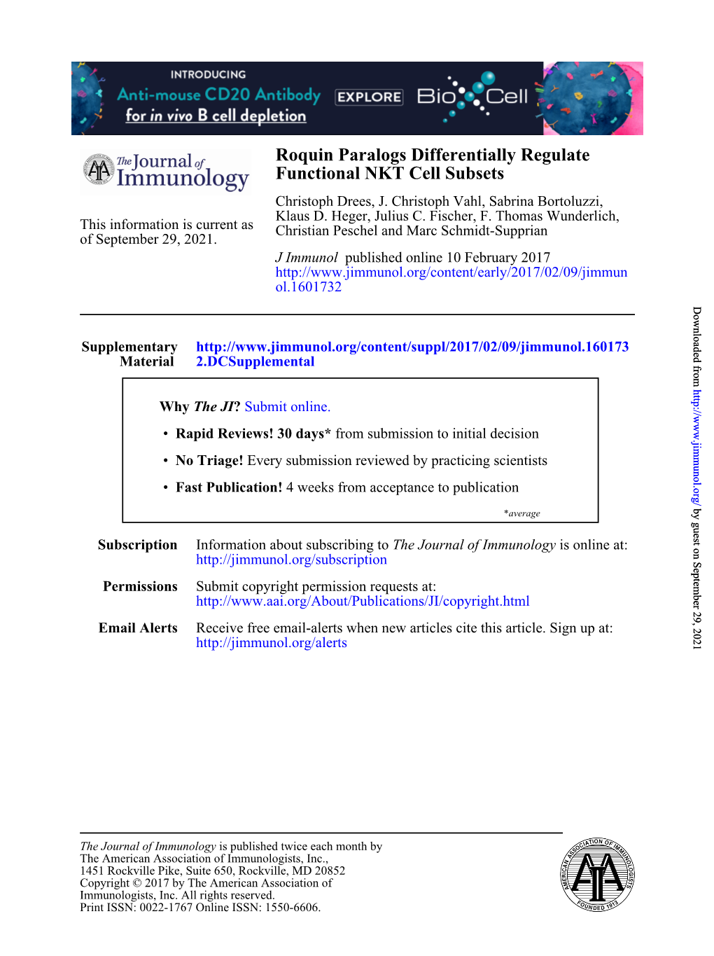 Roquin Paralogs Differentially Regulate Functional NKT Cell Subsets Christoph Drees, J