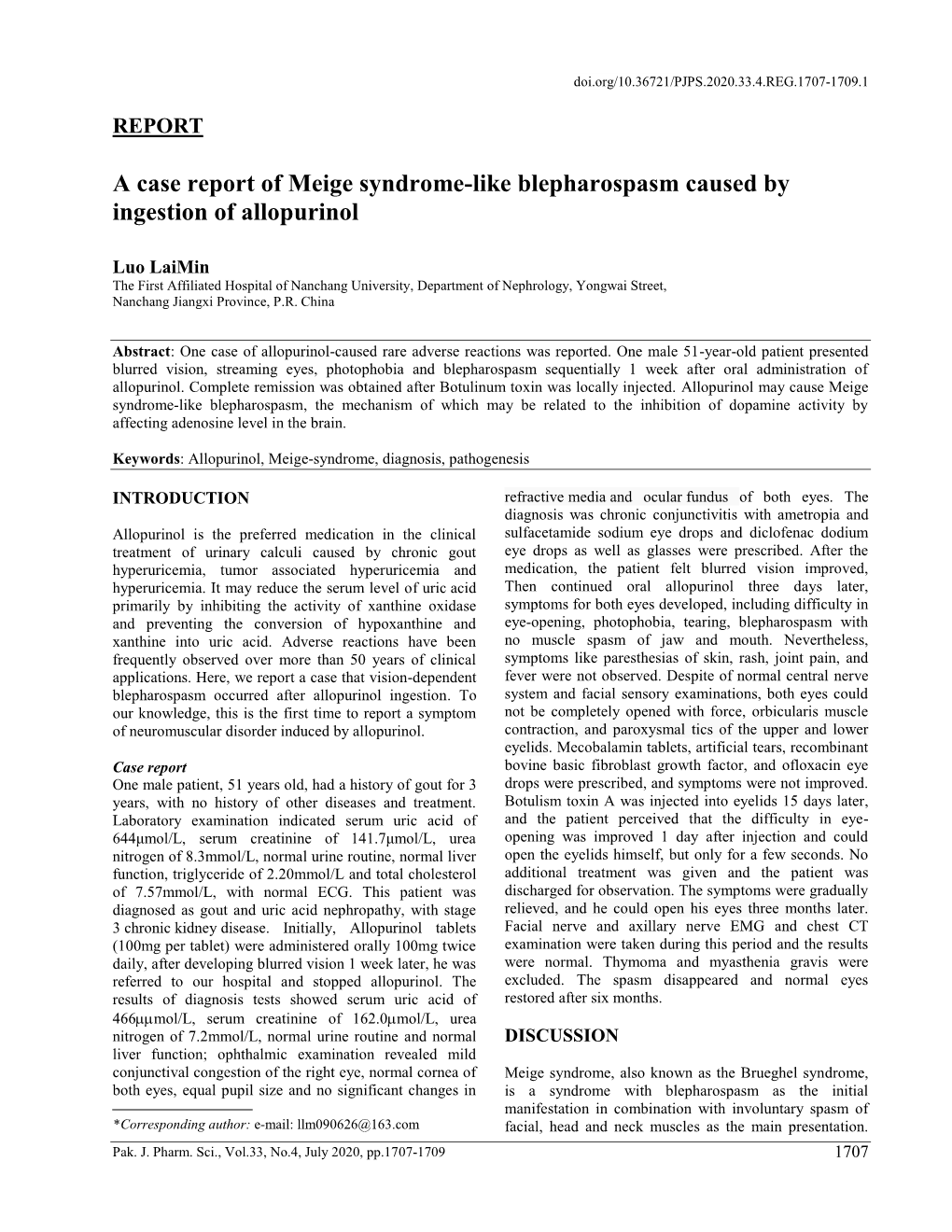 A Case Report of Meige Syndrome-Like Blepharospasm Caused by Ingestion of Allopurinol