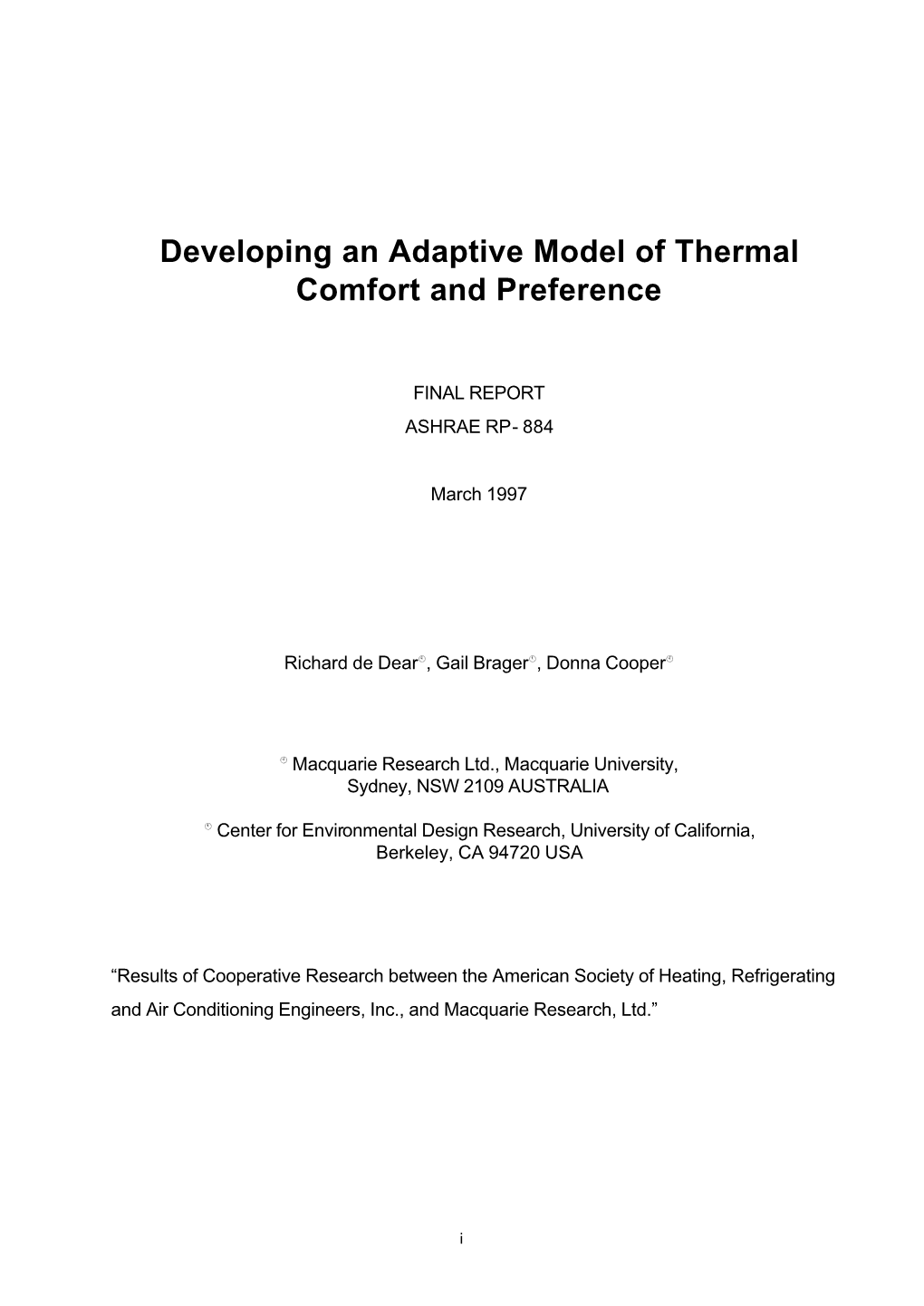 Developing an Adaptive Model of Thermal Comfort and Preference