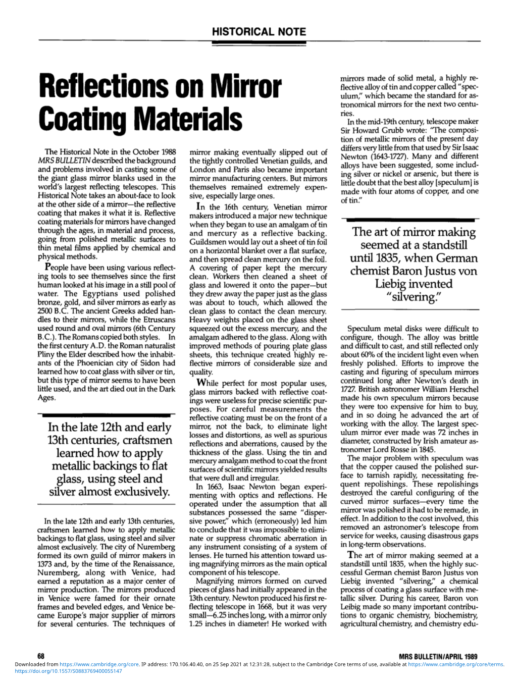 Reflections on Mirror Coating Materials