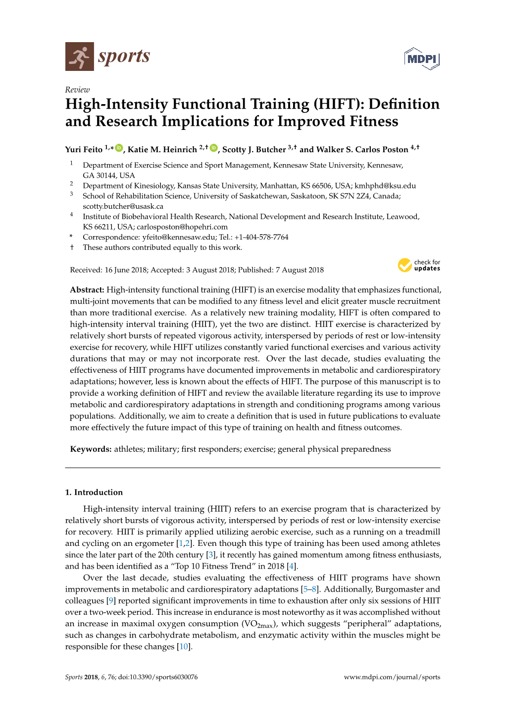 High-Intensity Functional Training (HIFT): Deﬁnition and Research Implications for Improved Fitness