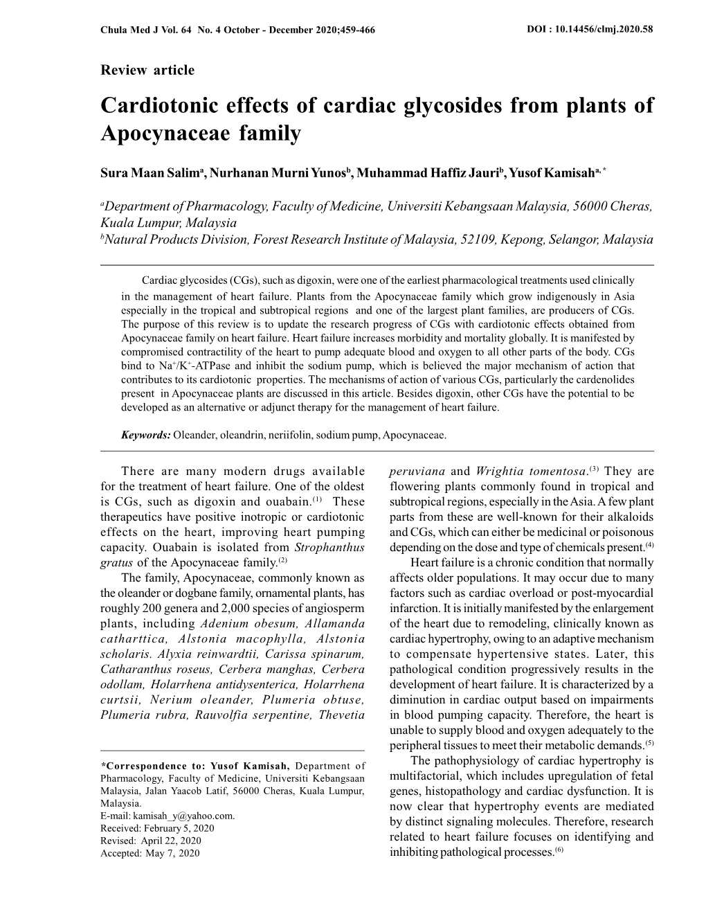 Cardiotonic Effects of Cardiac Glycosides from Plants of Apocynaceae Family