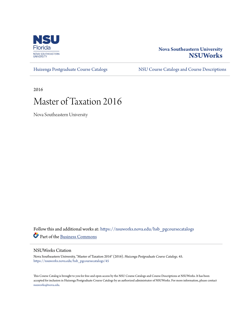 Master of Taxation 2016 Nova Southeastern University