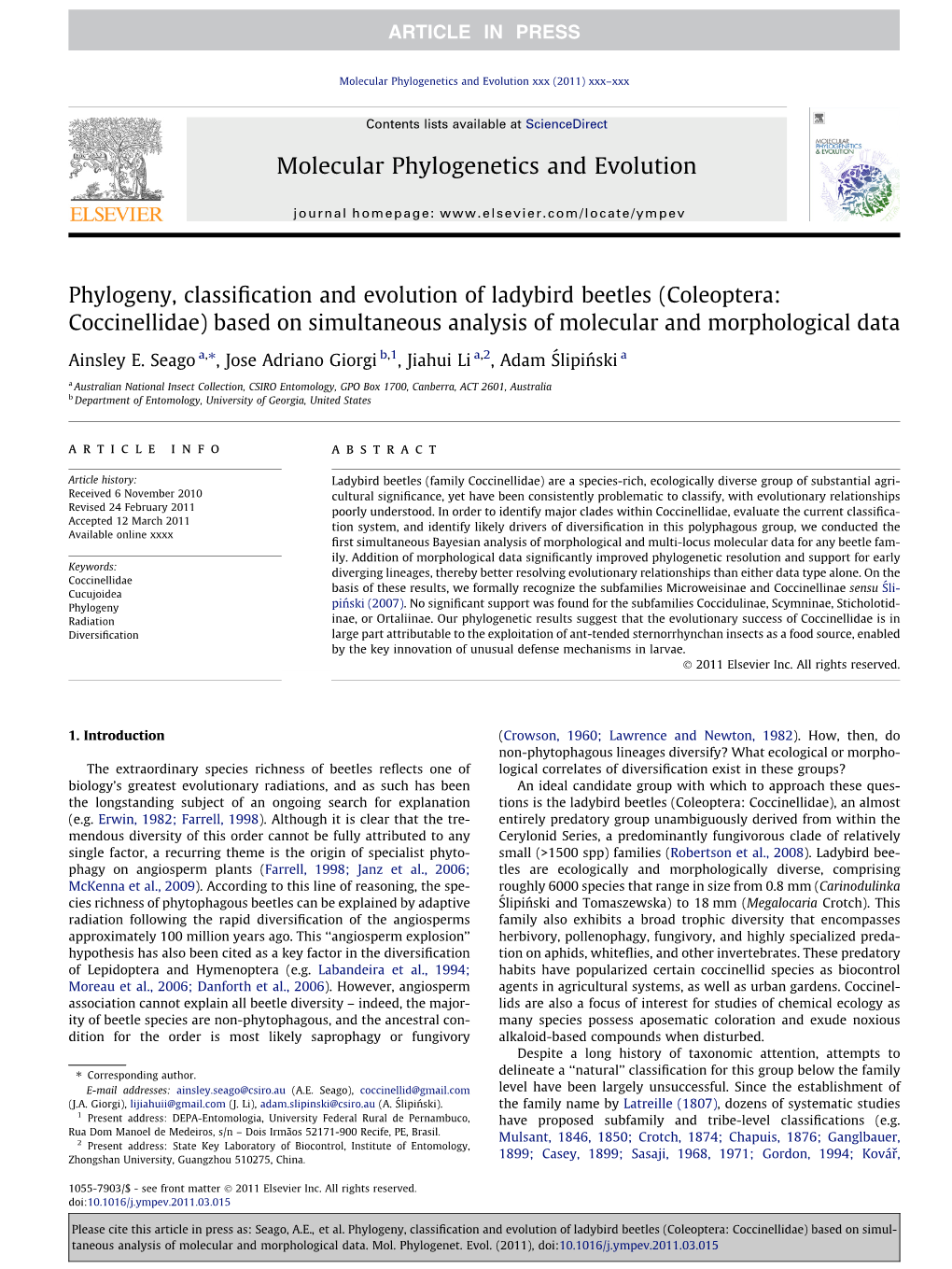 Phylogeny, Classification and Evolution of Ladybird Beetles