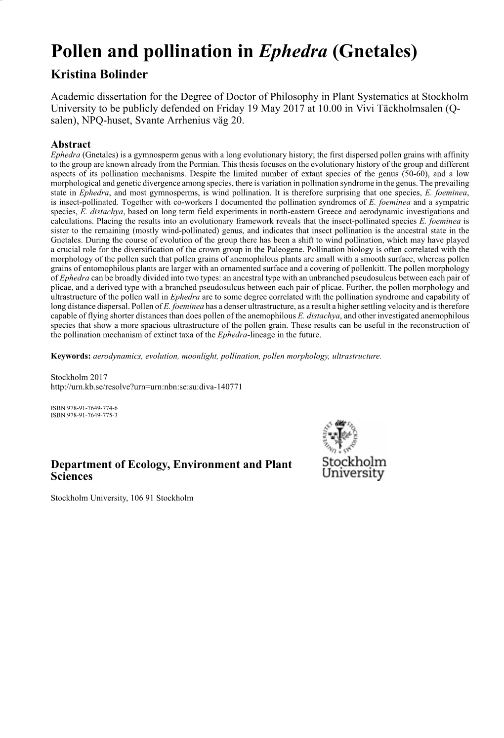 Pollen and Pollination in Ephedra (Gnetales)