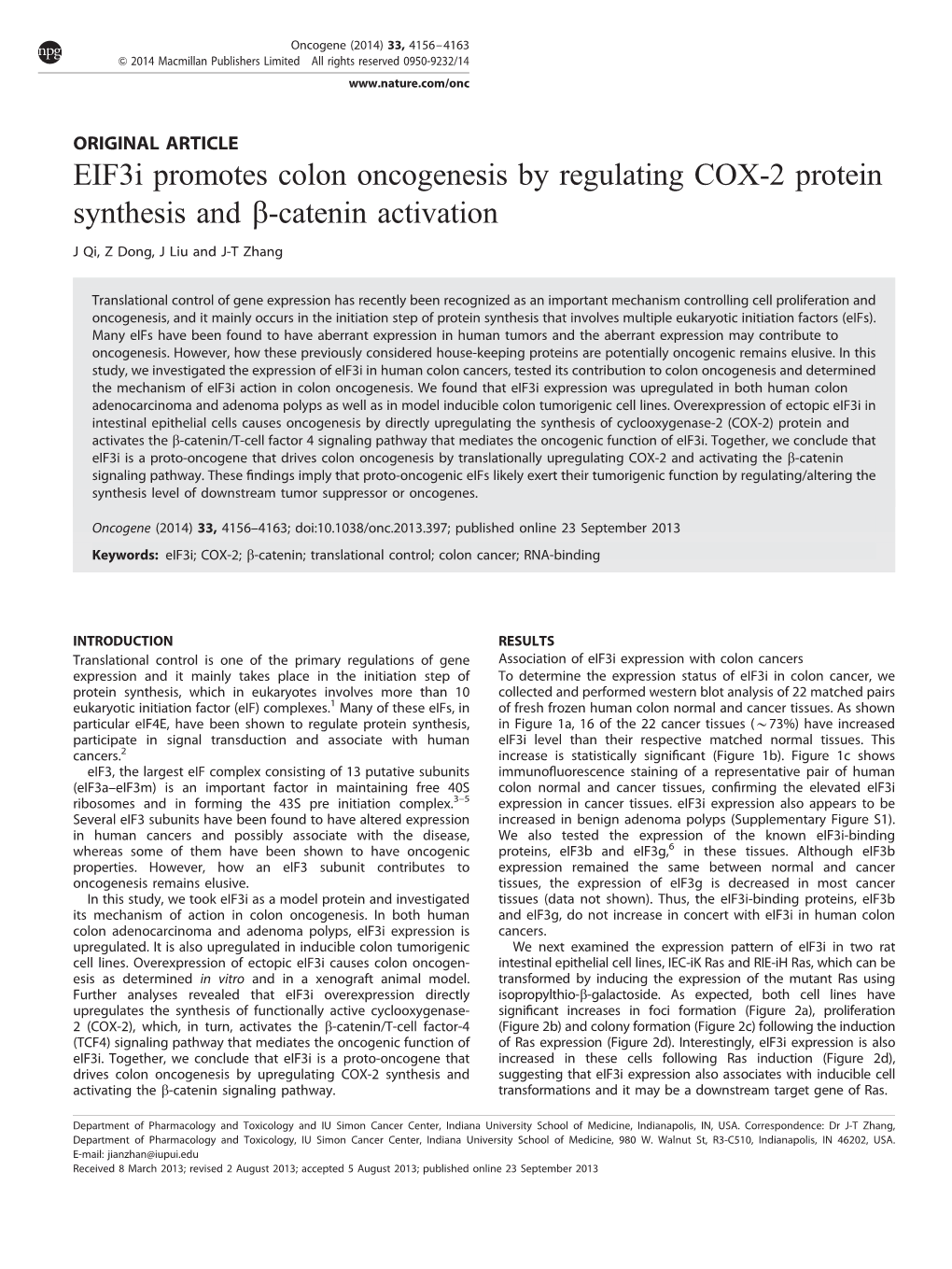 Eif3i Promotes Colon Oncogenesis by Regulating COX-2 Protein Synthesis and B-Catenin Activation