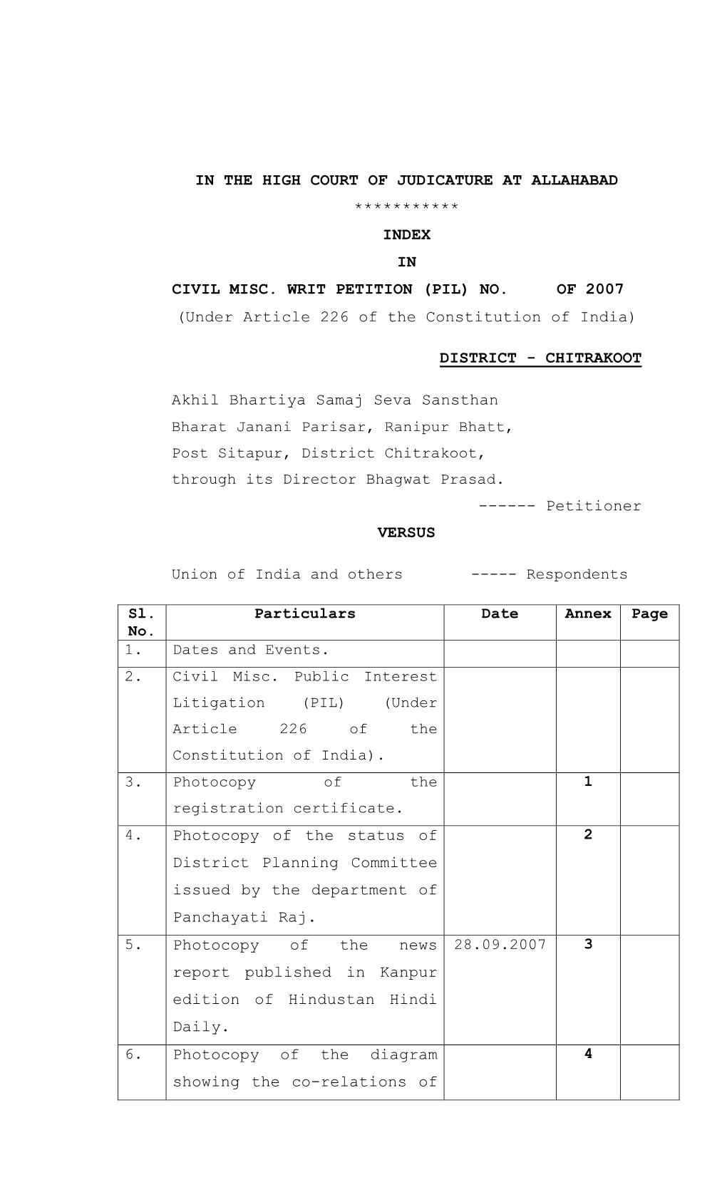 In the High Court of Judicature at Allahabad *********** Index in Civil Misc